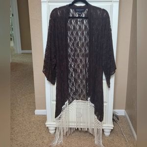 Dark chocolate brown lace kimono with fringe